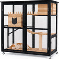 Four-level wooden catio enclosure with wheels on a patio