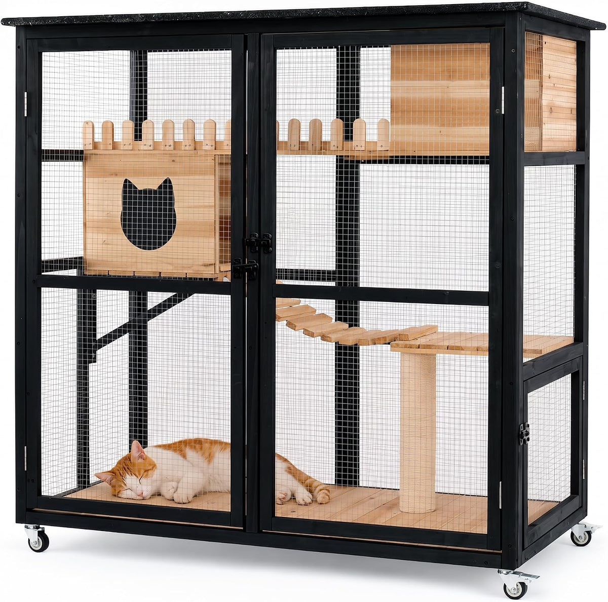 Four-level wooden catio enclosure with wheels on a patio
