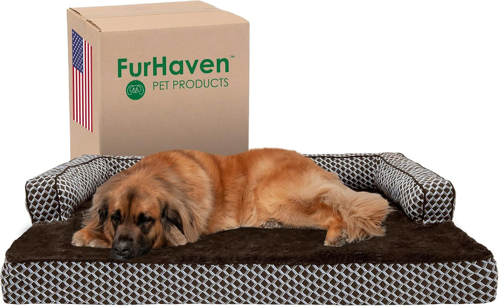 Diamond gray woven sofa dog bed with cooling gel base and faux fur top – view 2