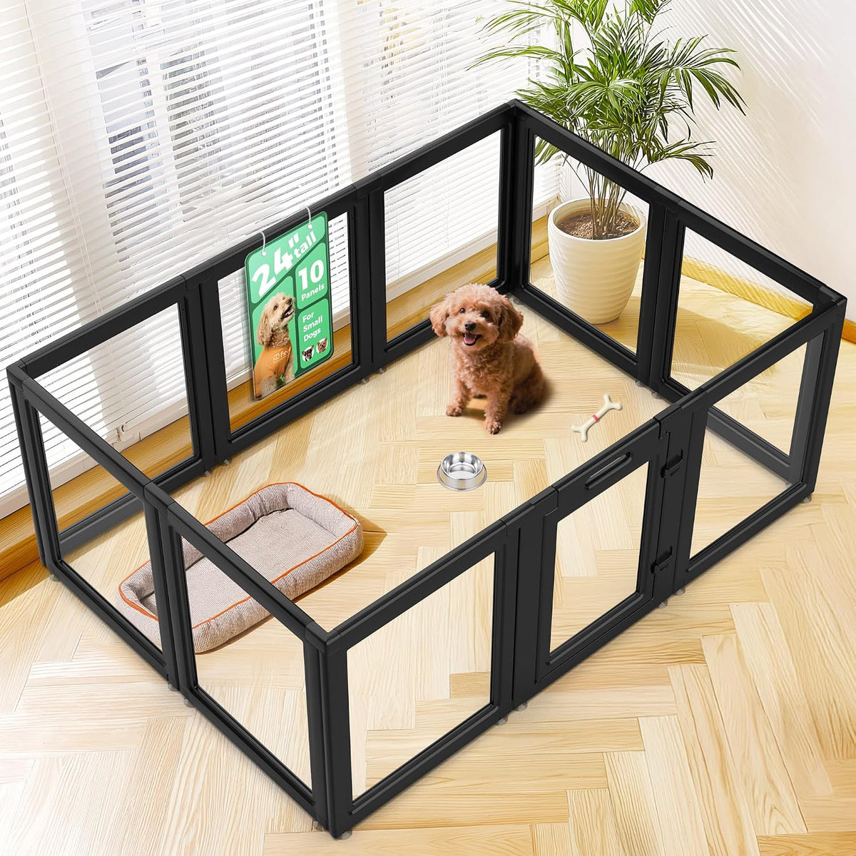 Black-framed clear acrylic dog playpen with ten panels and a door