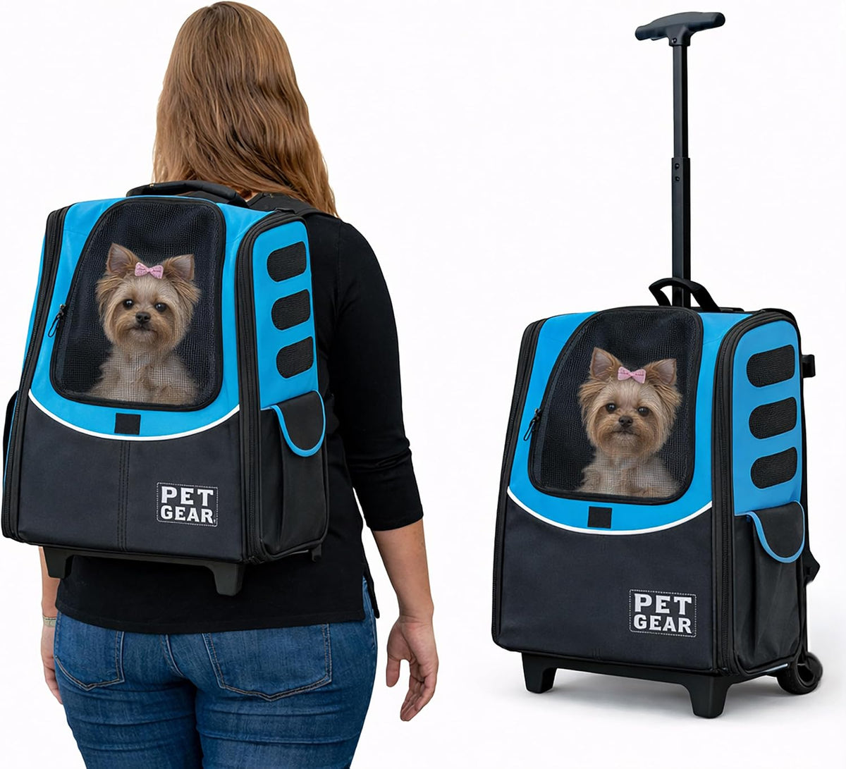 Dark charcoal rolling pet carrier backpack with telescoping handle and mesh window – view 19