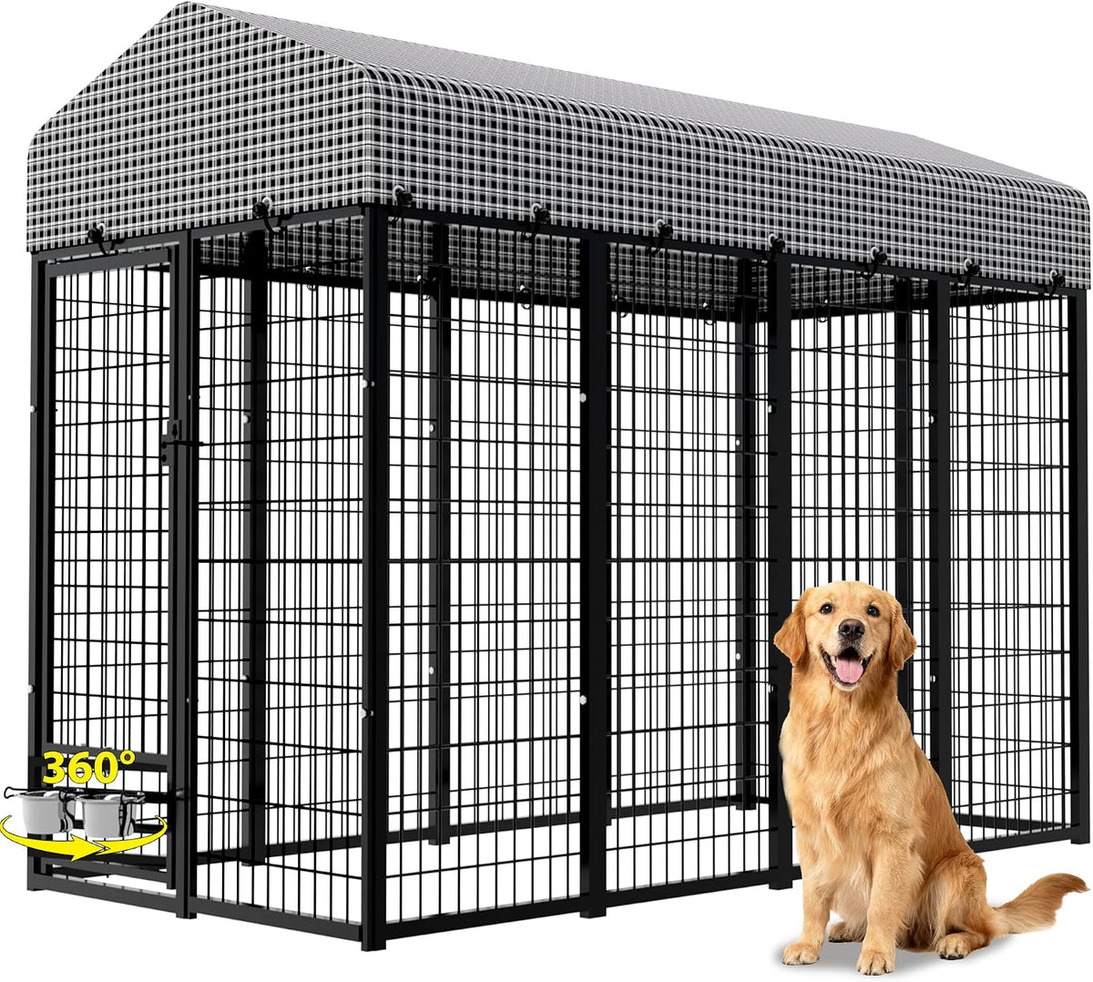 Gray outdoor metal dog kennel run with a roof cover in a backyard – view 2