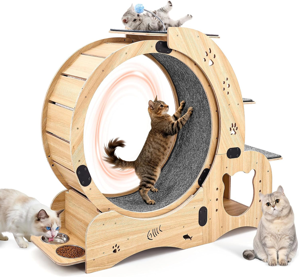Cat exercise running wheel built into a multi-level cat tree with cave and bowls