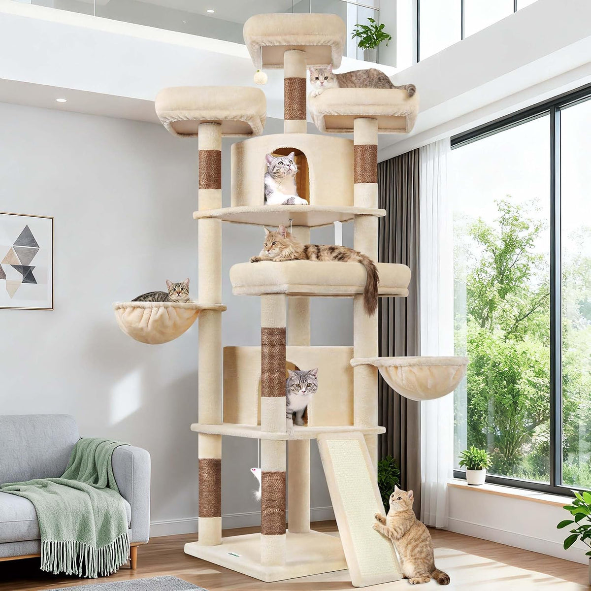81 inch light gray multi-level cat tree with plush bed and hammock – view 6