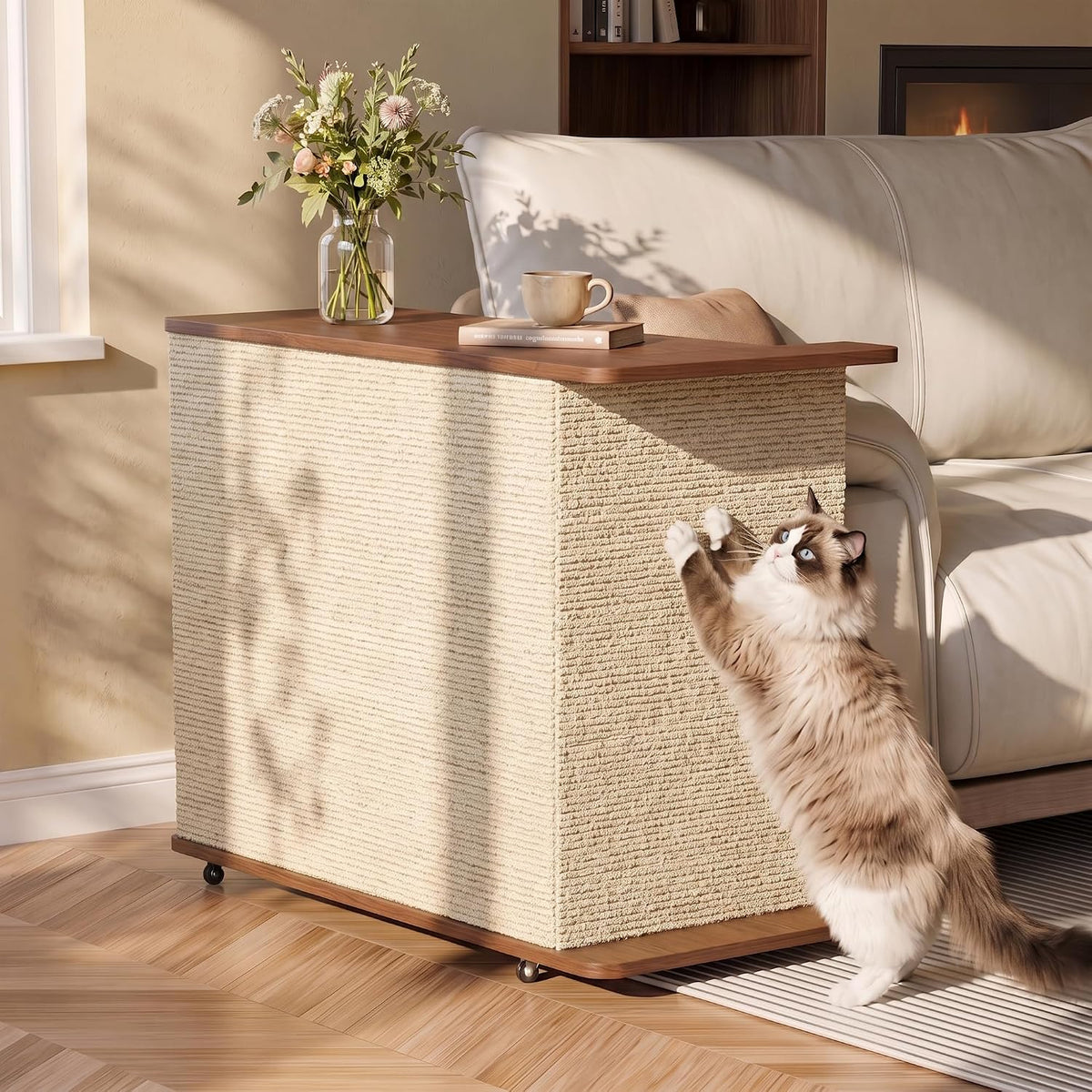 Cat scratcher side table placed beside a couch to protect the sofa edge