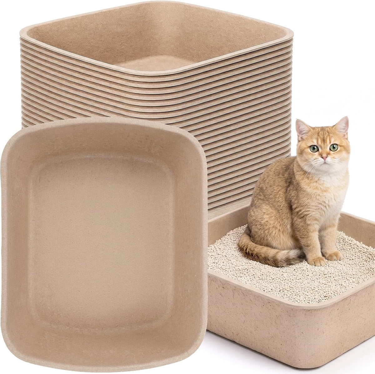 Stack of extra large disposable plant-fiber cat litter boxes