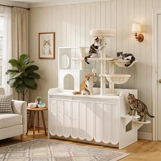 Cat Tree with Litter Box Enclosure and Storage Cabinet, Wooden Condo with Hammock and Perch, White