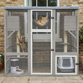 Large Wooden Catio Outdoor Cat Enclosure, Walk-In Cat House with Flat Roof, Multi-Level Platforms, Hammock, Litter Box Shelf