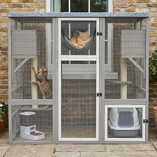Large Wooden Catio Outdoor Cat Enclosure, Walk-In Cat House with Flat Roof, Multi-Level Platforms, Hammock, Litter Box Shelf