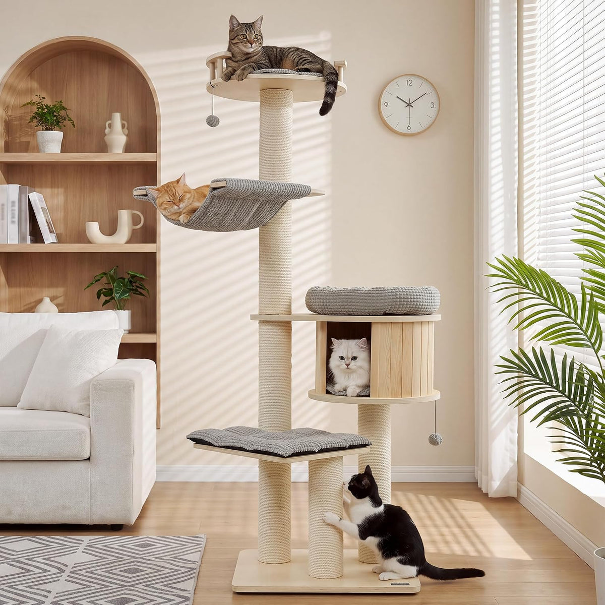 Tall modern wood cat tree with hammock, condo and cushions
