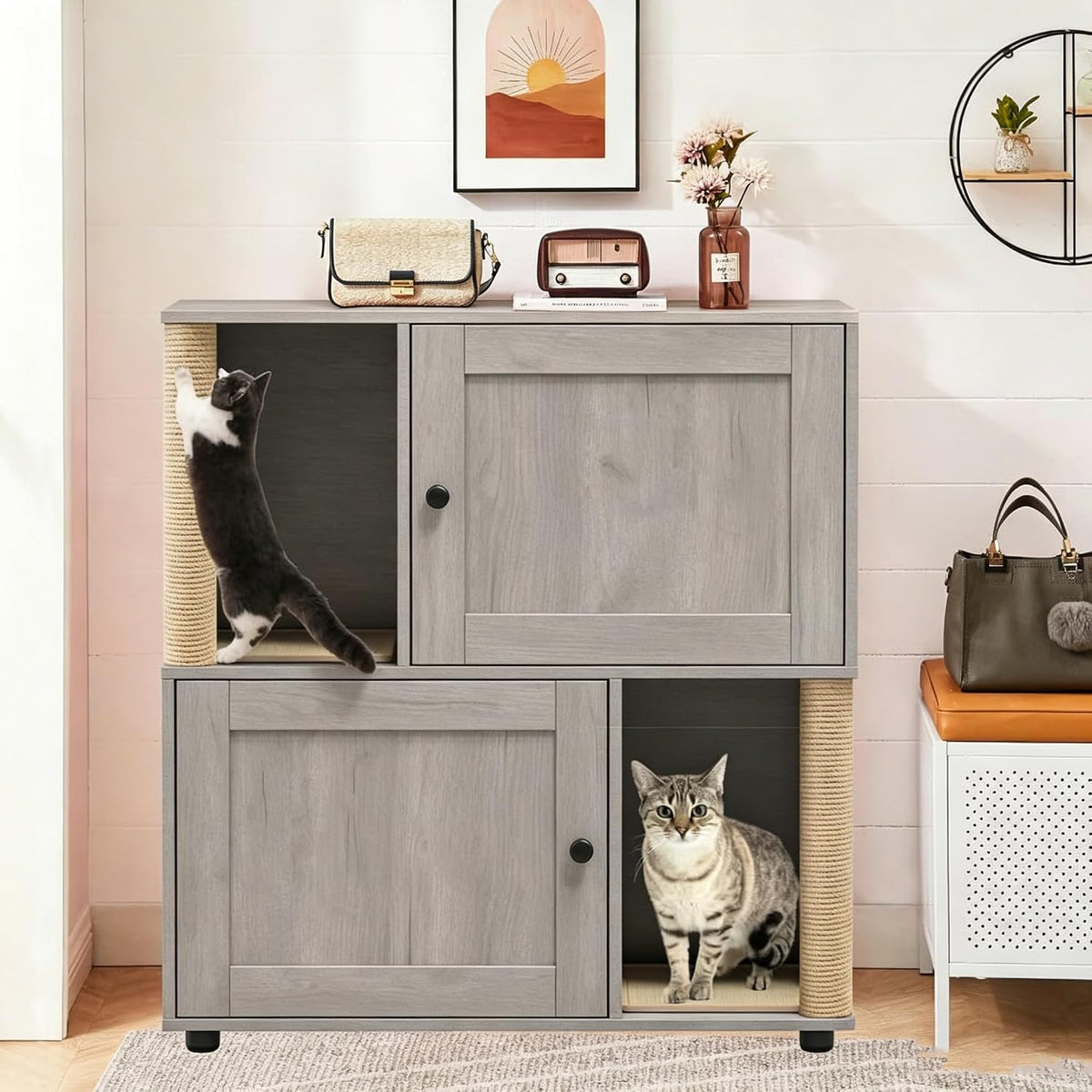 Black two-tier double litter box enclosure end table with scratching ramp – view 3
