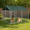 10 by 10 foot galvanized steel dog kennel with waterproof roof in a backyard