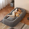 Gray giant human dog bed with reclined backrest and pillows
