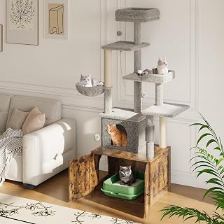 Cat Tree with Litter Box Enclosure, 2-in-1 Modern Tower with Scratching Posts, Platforms and Large Condo, Rustic Brown