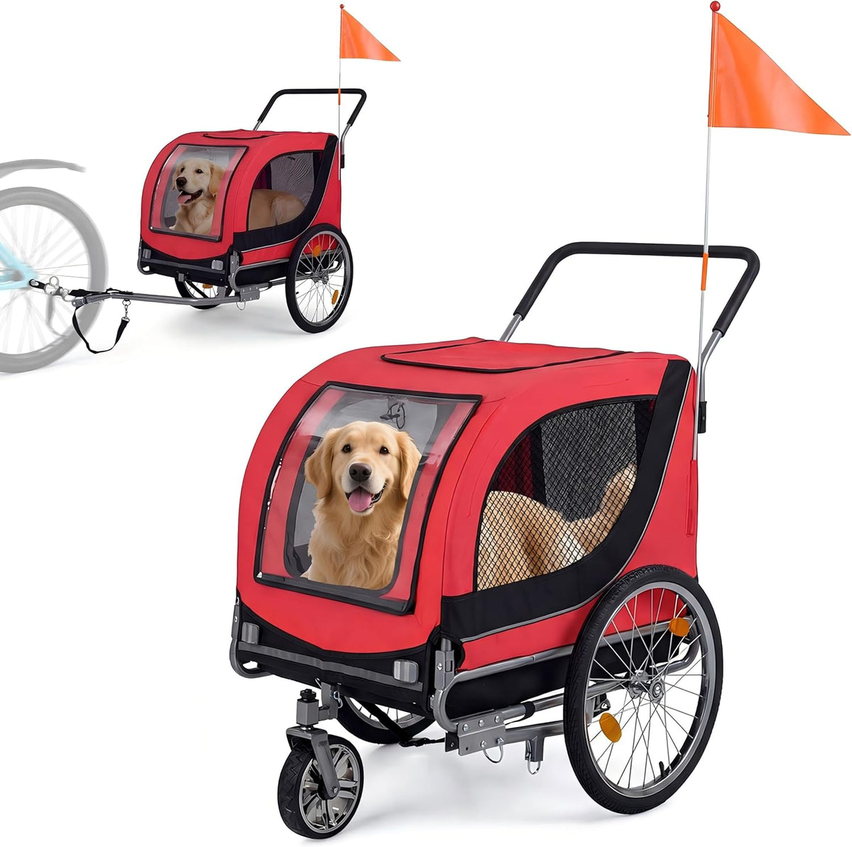Red collapsible dog bike trailer with mesh doors and safety flag