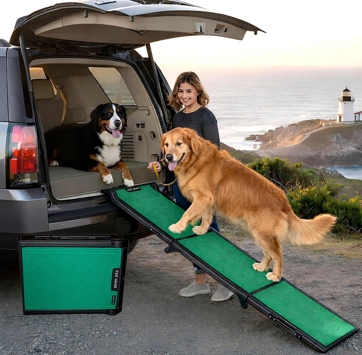 Yellow reflective tri-fold pet ramp leading into the back of a car – view 3