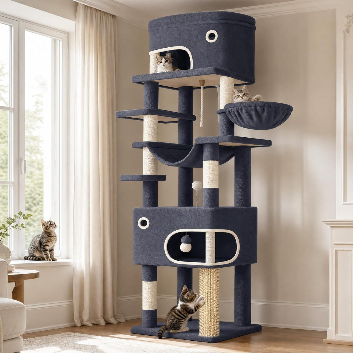 79.9-inch light grey cat tree with caves, hammock and sisal posts – view 2