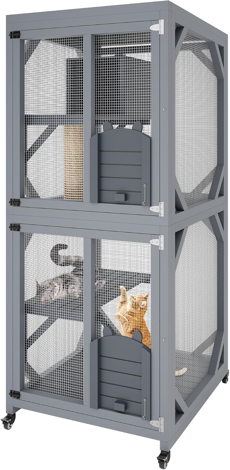 Wooden outdoor catio on wheels with resting box and platforms