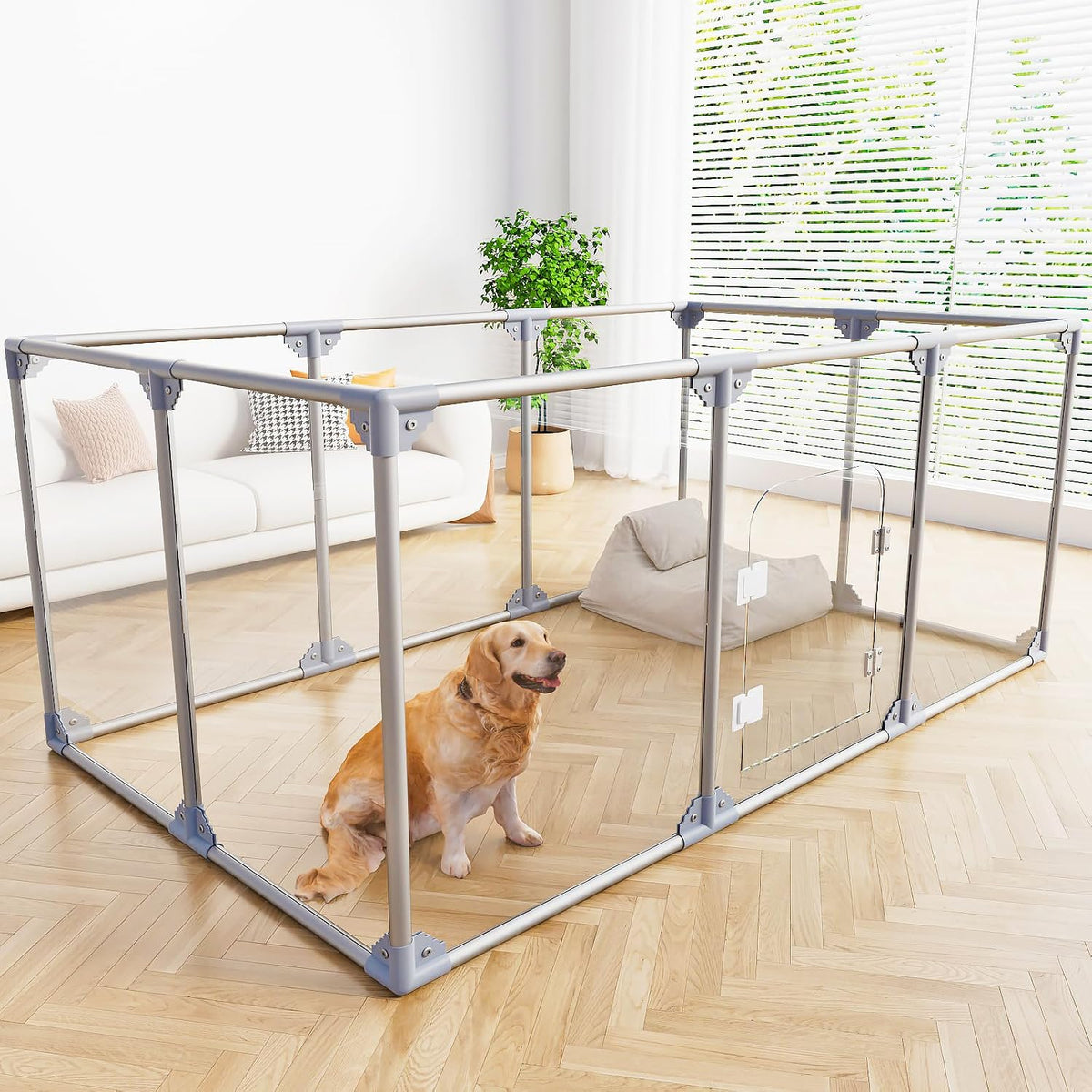 Transparent acrylic ten-panel indoor puppy play pen in a living room