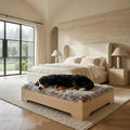 Elevated wood pattern dog bed frame with gray foam mattress, extra large