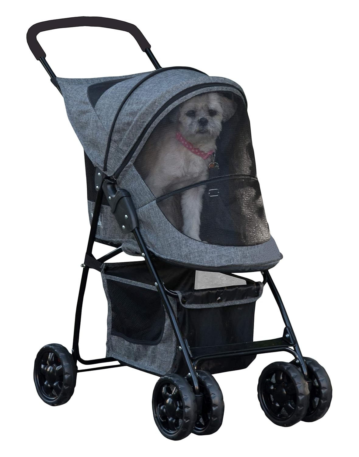 Dark platinum zipperless pet stroller with storage basket