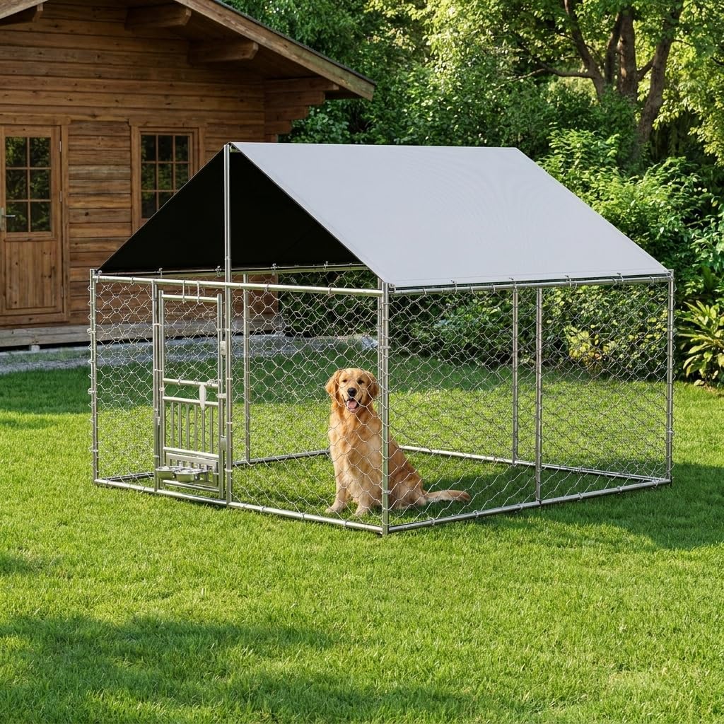 Black heavy duty outdoor dog kennel run with roof cover in a backyard – view 4