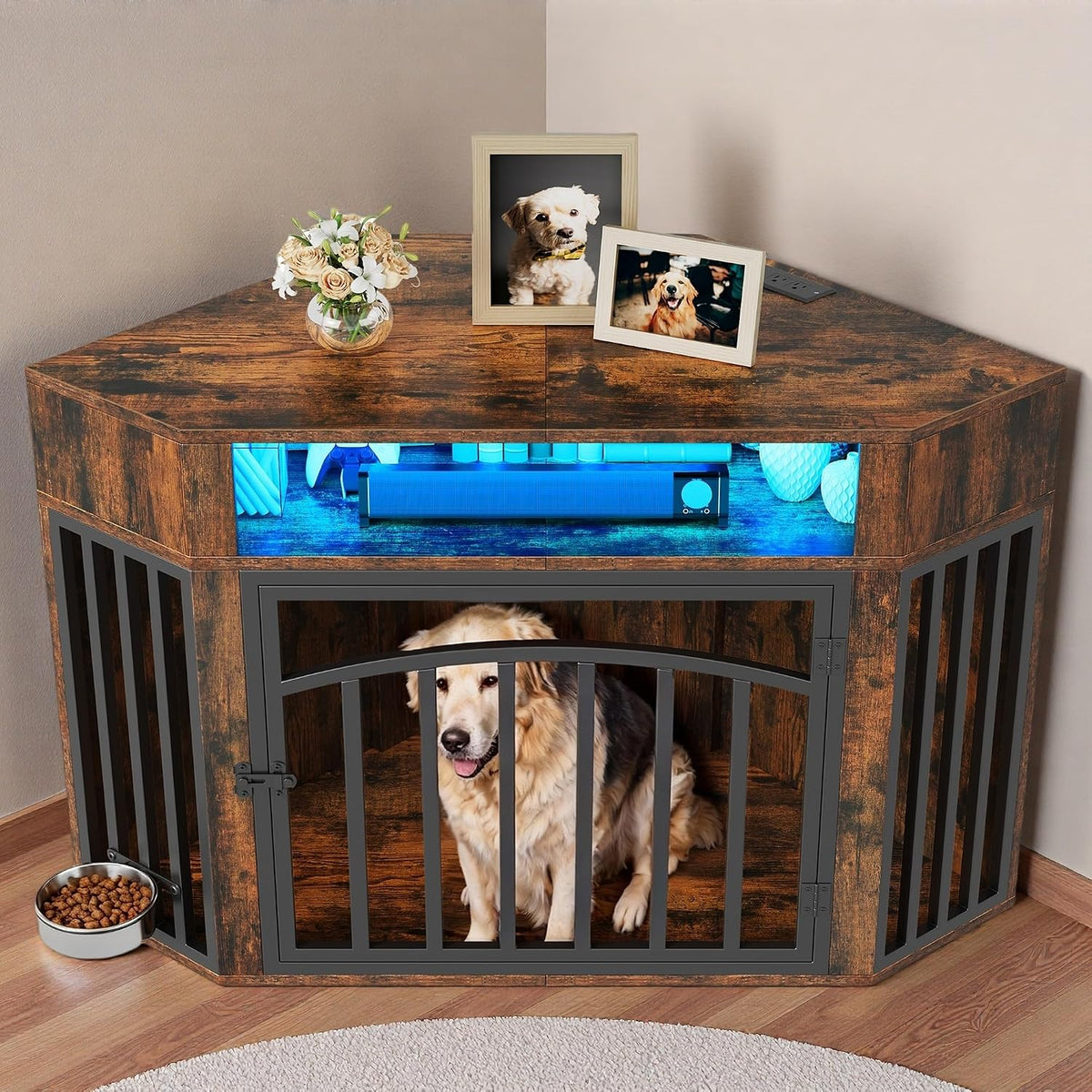 Rustic brown wooden corner dog crate with LED light and food bowl