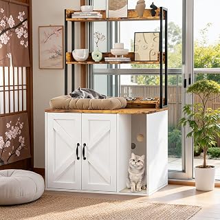 55-Inch Wooden Cat Litter Box Enclosure Cabinet with 2 Shelves and Charging Sockets, Light Grey and Rustic Brown