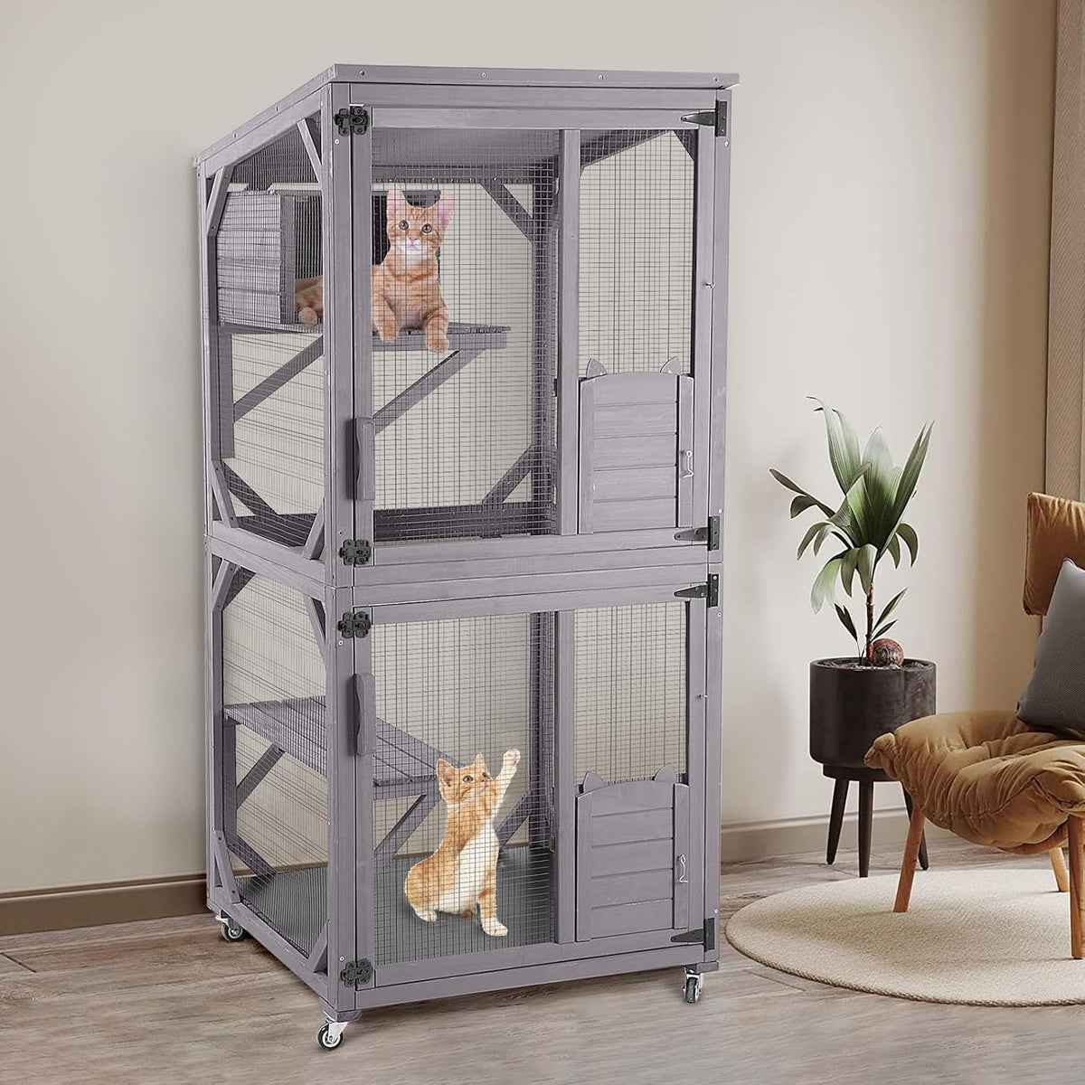 Grey outdoor catio cat house on wheels with waterproof roof