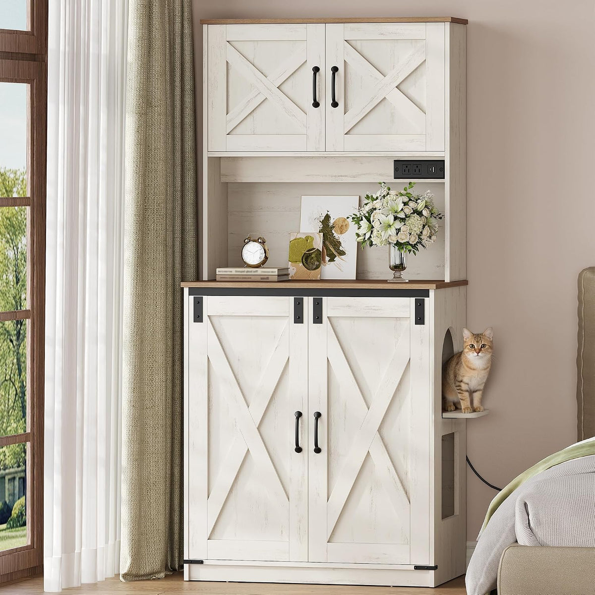 Tall rustic brown and white double litter box cabinet with storage