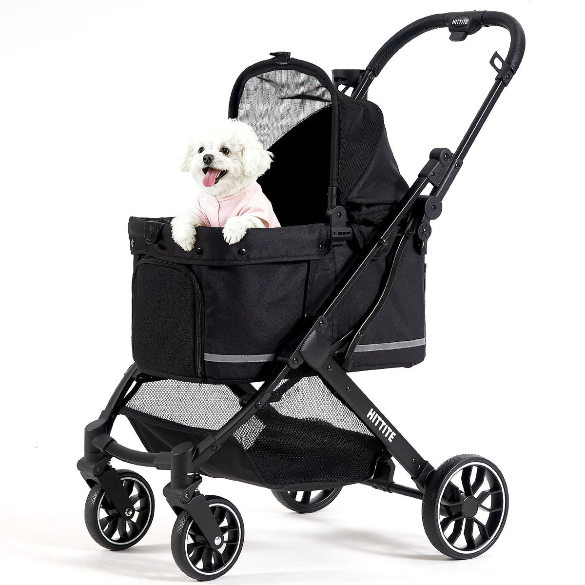 Four-wheel pet stroller with adjustable canopy, weatherproof cover and storage basket