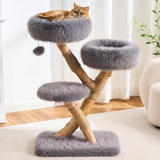 HITTITE Natural Solid Wood Cat Tree Tower with Scratching Post, 37.8 Inch Modern Tower with Bed and Platforms, Real Branch