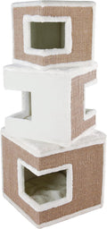 Brown three-story cat condo tower with scratching surface