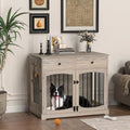 Rustic grey farmhouse dog crate with two drawers and side leash hook