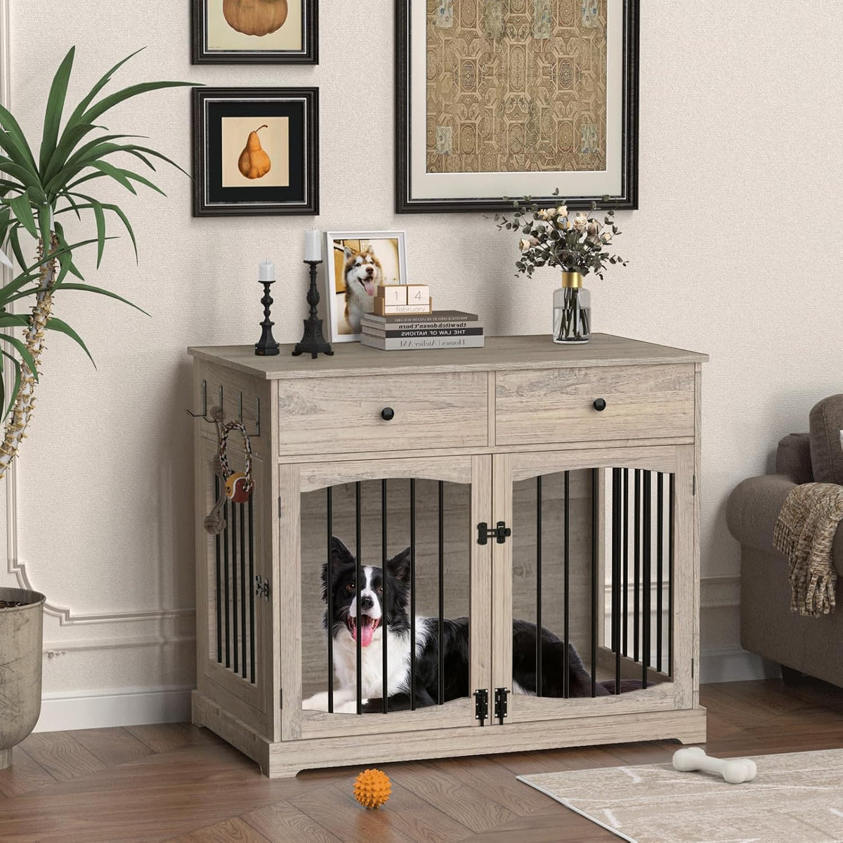 Rustic grey farmhouse dog crate with two drawers and side leash hook