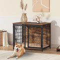 Rustic brown wooden dog crate end table with double doors and cushion