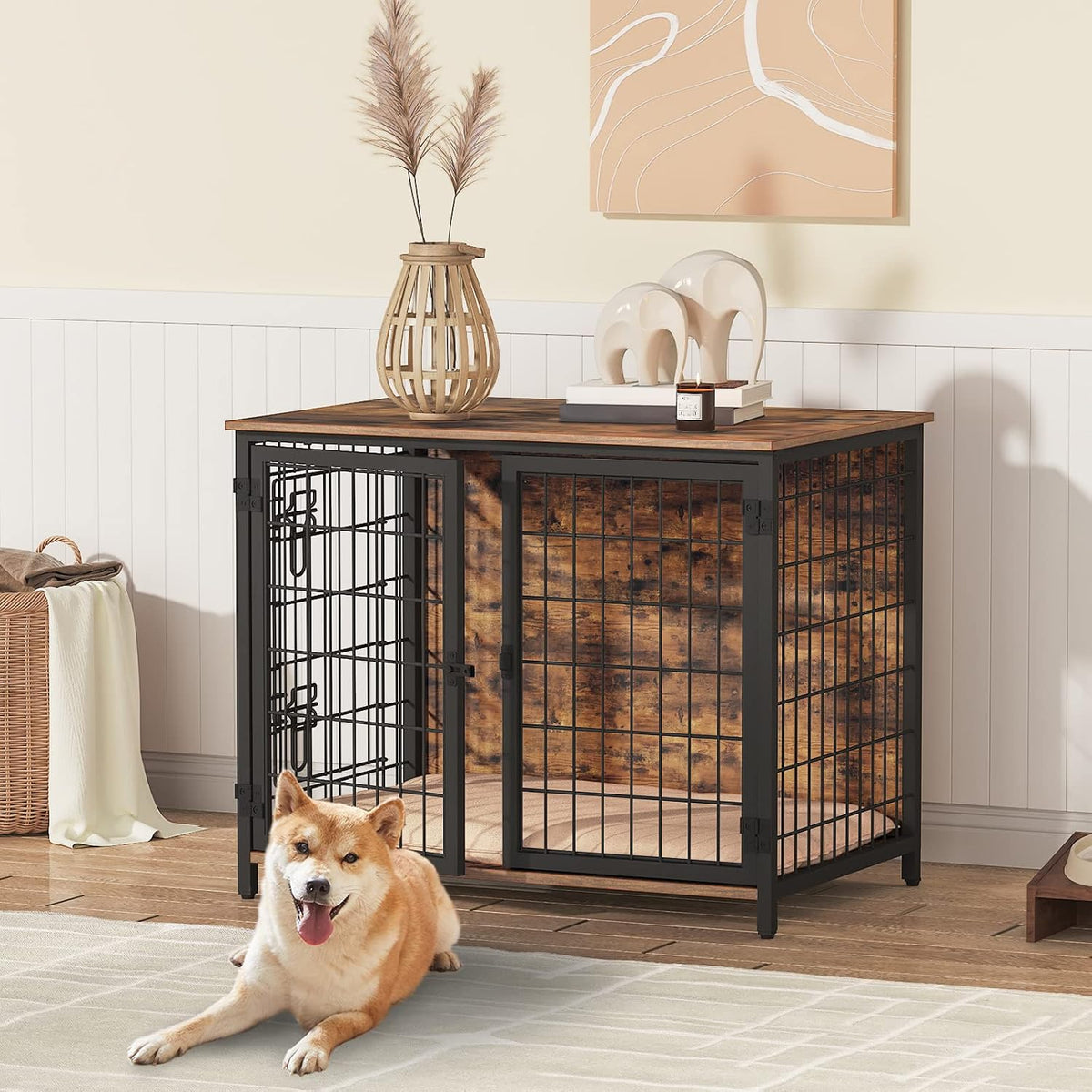 Rustic brown wooden dog crate end table with double doors and cushion