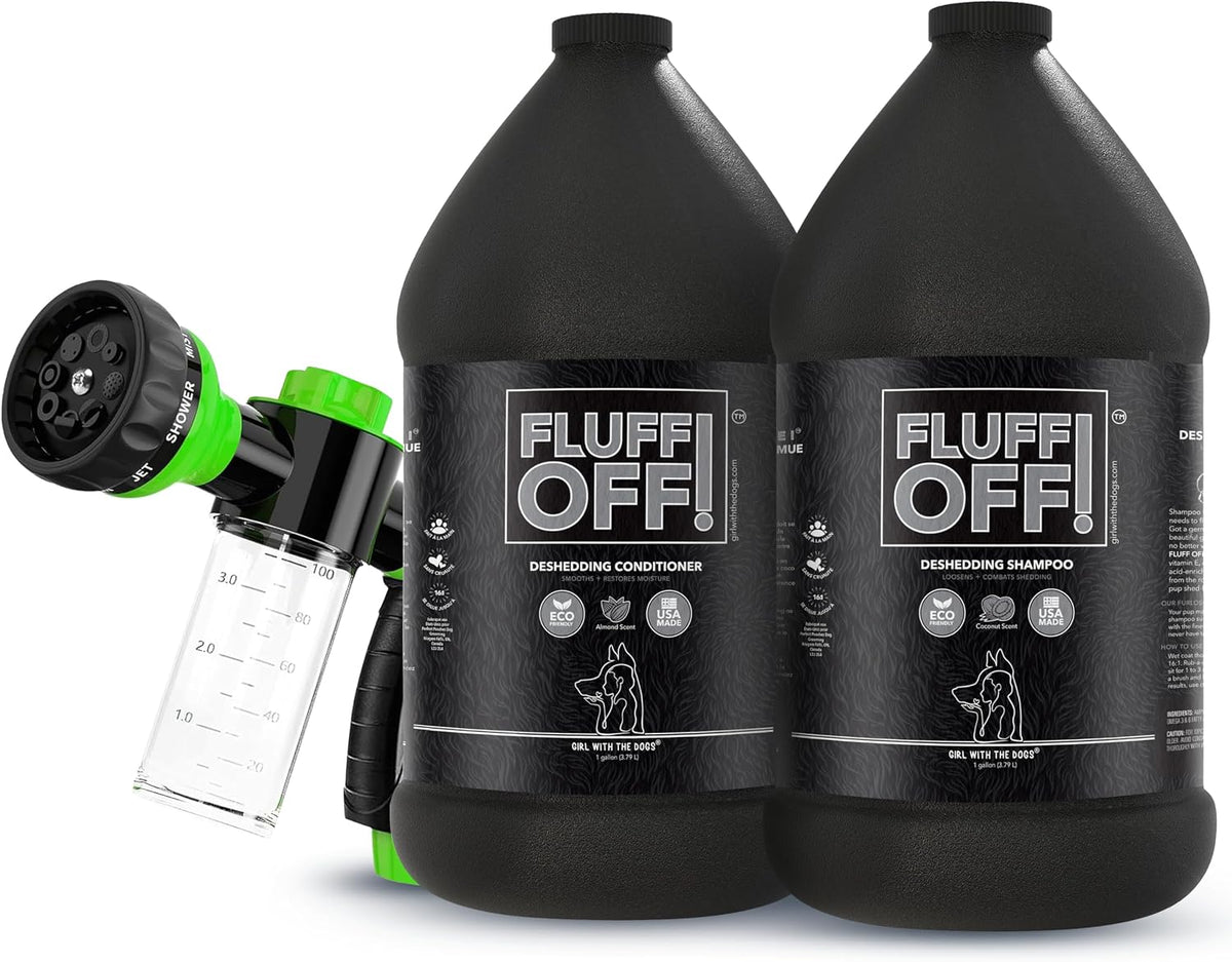 Gallon jugs of deshedding dog shampoo and conditioner with spray nozzle
