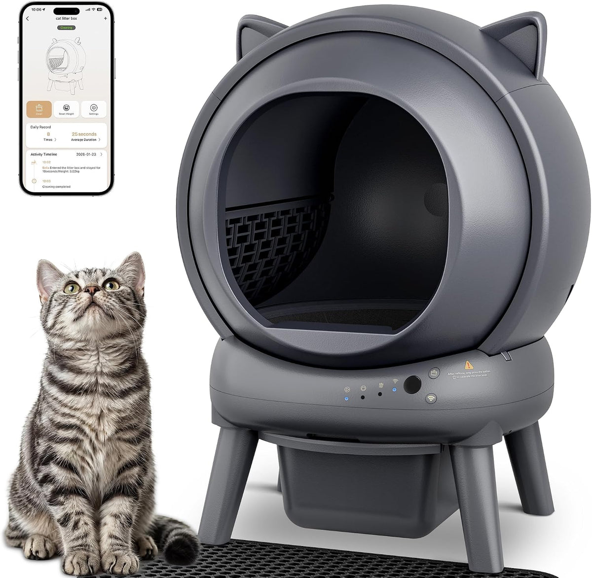 Grey globe-shaped robot self-cleaning litter box with litter mat