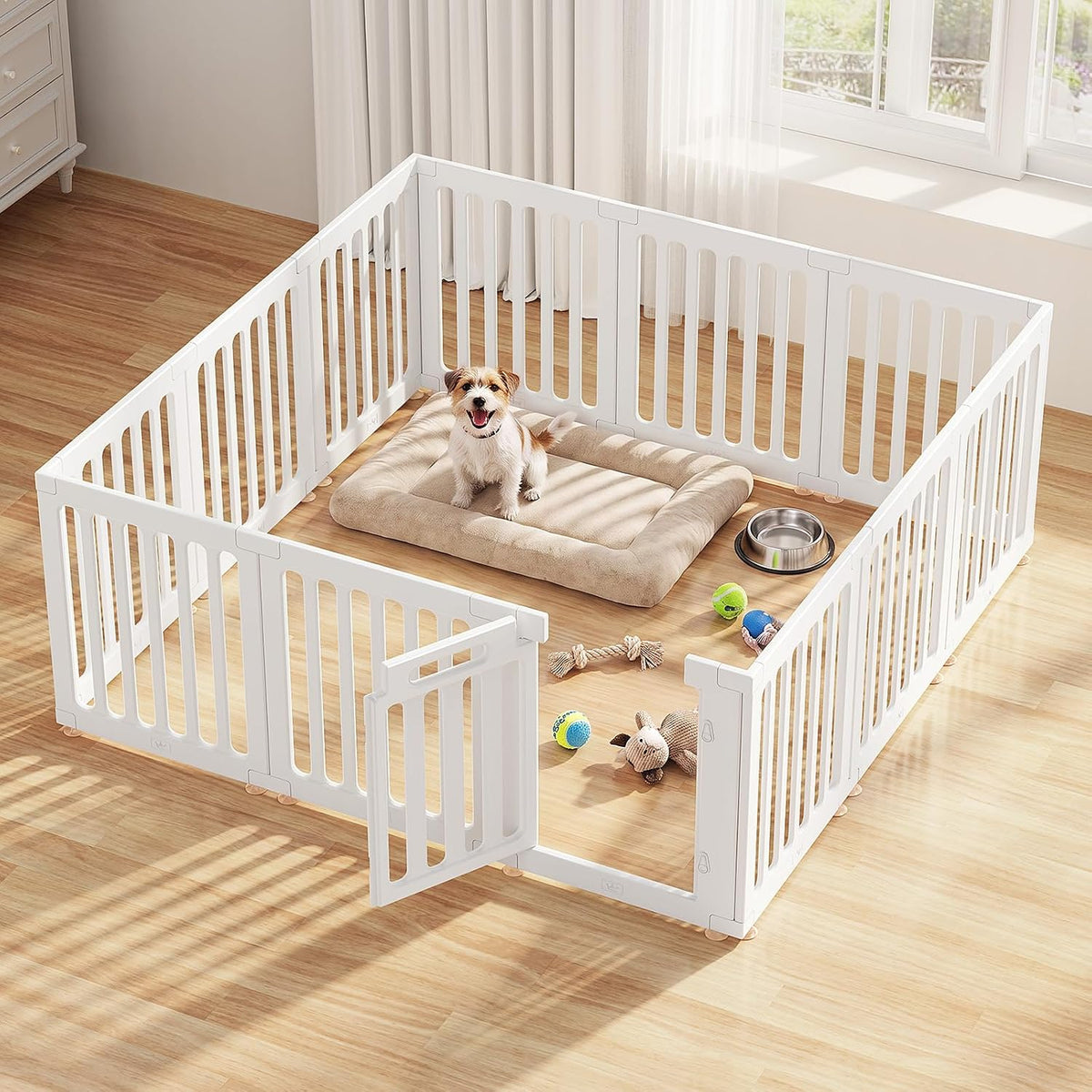 White 12 panel indoor dog playpen with lockable door
