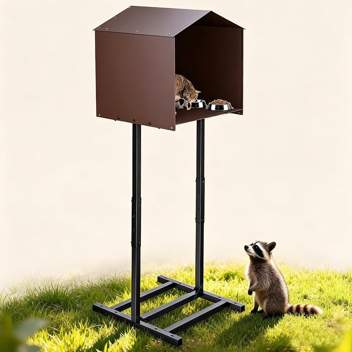 Galvanized steel elevated outdoor cat feeding station with covered roof