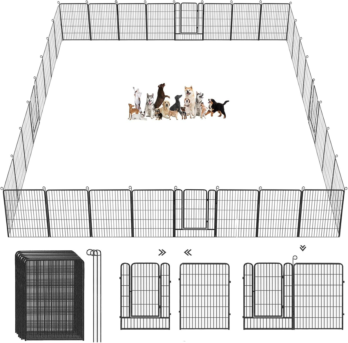 Black 40 inch metal dog playpen with fourteen panels set up in a yard – view 11