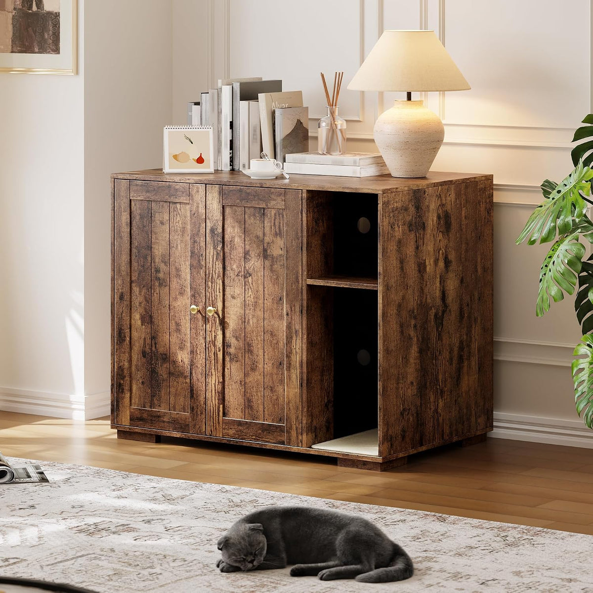 Brown litter box enclosure cabinet for self-cleaning litter box with power outlet and USB ports
