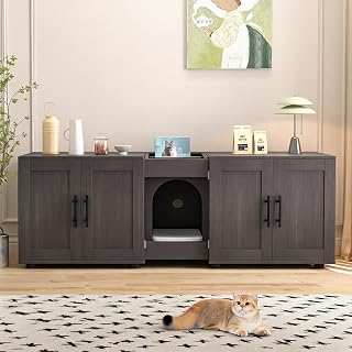 3-in-1 Cat Litter Box Enclosure Cabinet, 55 Inch, Double-Room
