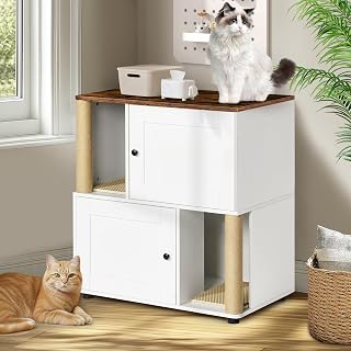 Double Cat Litter Box Enclosure for 2 Cats with Scratch Mat, Large, Fits Most Litter Boxes, White