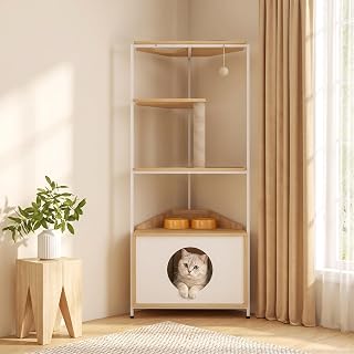 Corner Cat Tree with Condo, Feeding Station, Scratching Post and Platforms