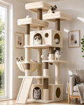 Beige 73 inch heavy duty cat tree with sisal posts, perches, condos and hammock