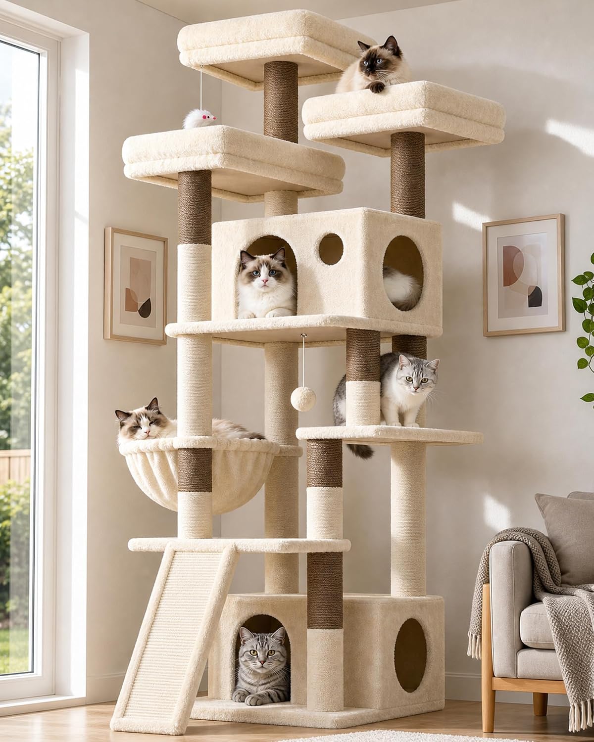 Beige 73 inch heavy duty cat tree with sisal posts, perches, condos and hammock