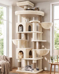 Beige 82 inch cat tree with condos, perches and hanging baskets
