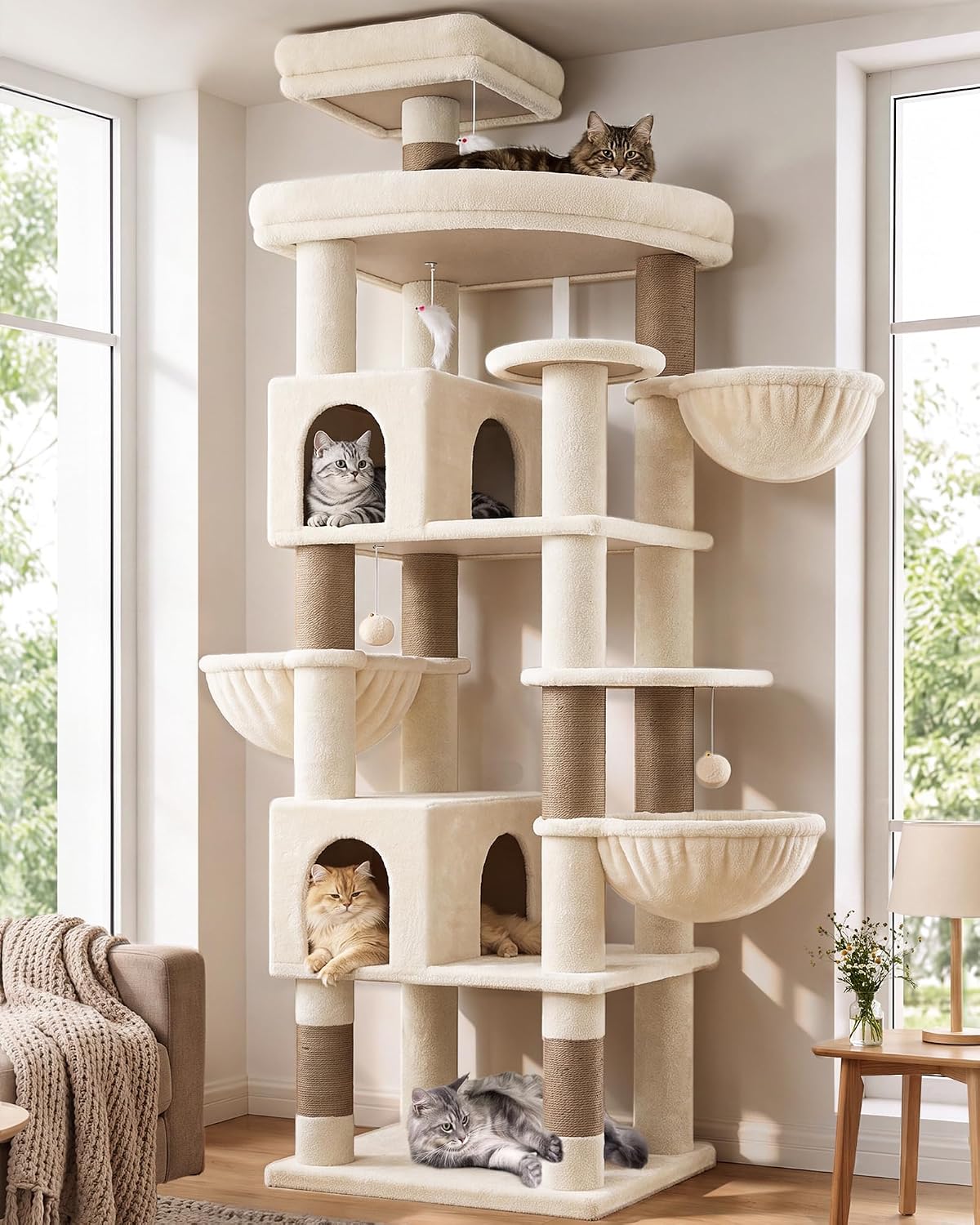 Beige 82 inch cat tree with condos, perches and hanging baskets
